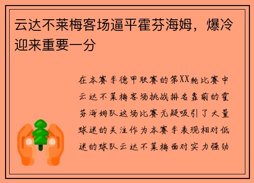 云达不莱梅客场逼平霍芬海姆，爆冷迎来重要一分